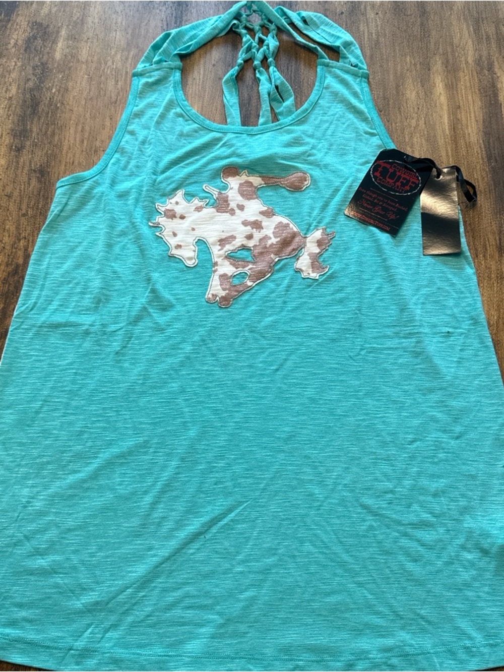 Cowgirl Tuff Turquoise Braided Halter Tank with Horse Appliqué